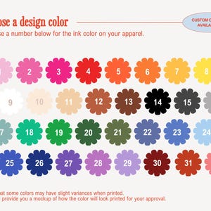 May include: A colour chart featuring 32 flower-shaped colour options for apparel ink. The chart includes a range of colours from pink to black, with the text "Choose a design colour" at the top and "Custom colours available!" in an oval. Numbers 1-32 are assigned to each colour.