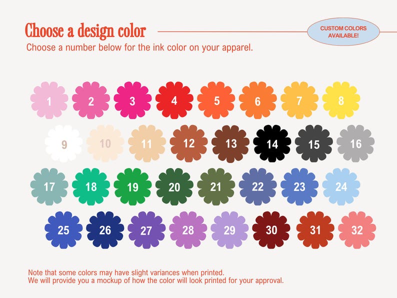 May include: A colour chart featuring 32 flower-shaped colour options for apparel ink. The chart includes a range of colours from pink to black, with the text "Choose a design colour" at the top and "Custom colours available!" in an oval. Numbers 1-32 are assigned to each colour.