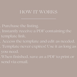 May include: A beige graphic with the text "HOW IT WORKS" at the top. Below, numbered steps explain the process: purchase, receive a PDF, access and edit the template, use it as long as needed, and save as a PDF.