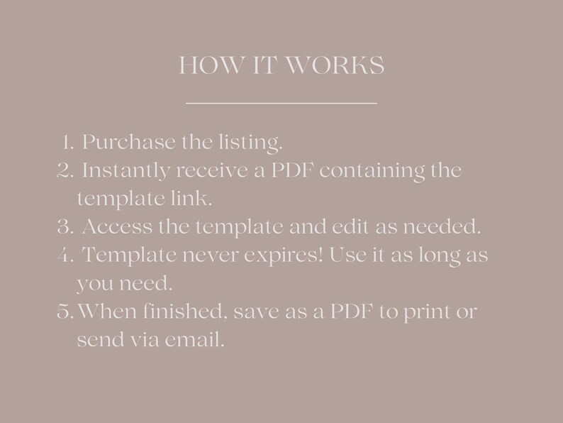 May include: A beige graphic with the text "HOW IT WORKS" at the top. Below, numbered steps explain the process: purchase, receive a PDF, access and edit the template, use it as long as needed, and save as a PDF.