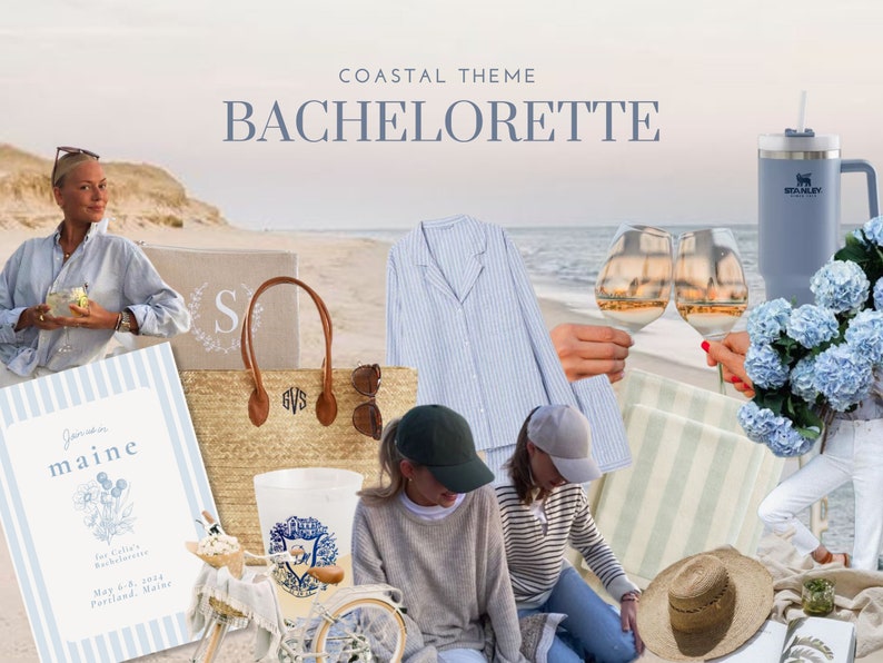 May include: A coastal-themed bachelorette party scene with various items. Includes a tote bag, striped pajamas, a tumbler, wine glasses, a straw hat, and a floral invitation. The text reads "Coastal Theme Bachelorette".