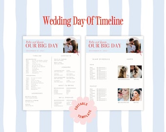 Wedding Timeline Template, Wedding Itinerary, Bridal Party Details Page, Wedding Day Timeline, Day of Wedding Template, Printable Template