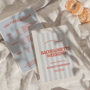 May include: A light blue and white striped card with the text "You're cordially invited to a Bachelorette Weekend" in red. The card also includes the text "Celebrating Bride-to-be Scarlet Anderson" and "Palm Springs, CA May 10-13, 2024".
