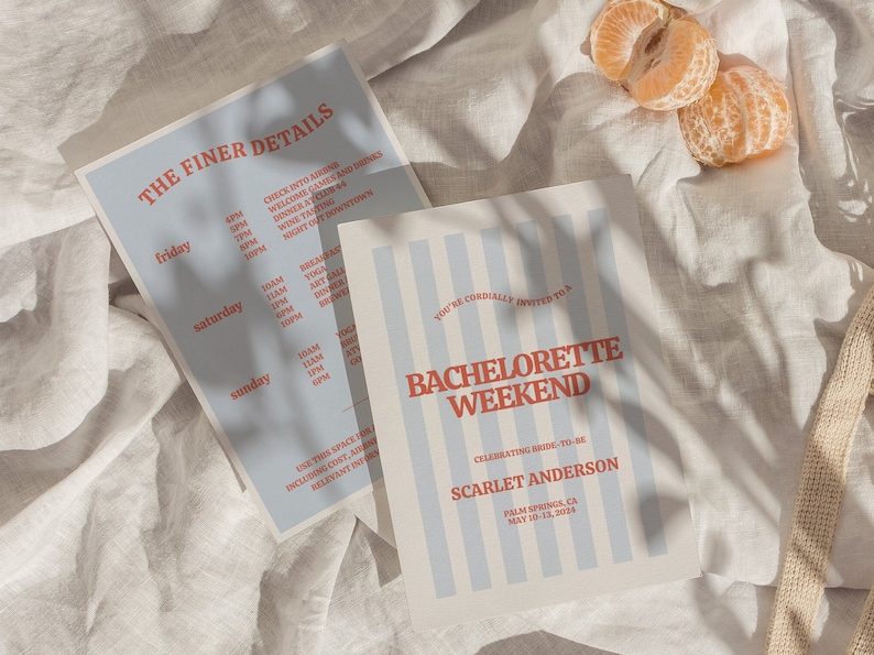 May include: A light blue and white striped card with the text "You're cordially invited to a Bachelorette Weekend" in red. The card also includes the text "Celebrating Bride-to-be Scarlet Anderson" and "Palm Springs, CA May 10-13, 2024".
