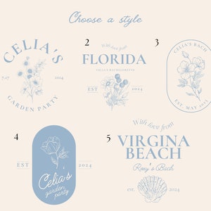 May include: A cream-coloured design with five logo options in light blue. Each logo features floral illustrations and text, including "Celia's Garden Party" and "Virginia Beach". The logos are for a bachelorette party.