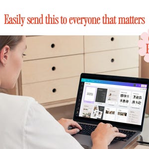 May include: A person using a laptop displaying a design template with multiple pages. The screen shows a layout with text that says "Easily send this to everyone that matters" and "60+ Pages". The laptop is on a glass desk.