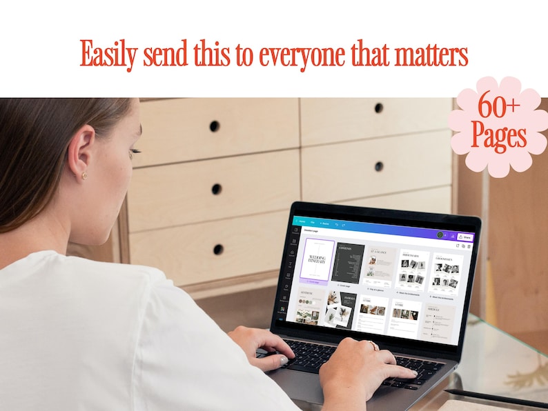 May include: A person using a laptop displaying a design template with multiple pages. The screen shows a layout with text that says "Easily send this to everyone that matters" and "60+ Pages". The laptop is on a glass desk.