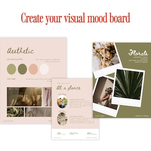 May include: Aesthetic mood board with color palette, text, and images. The color palette includes olive green, peach, and white. The text reads "Create your visual mood board", "Aesthetic", "Florals", and "At a glance".