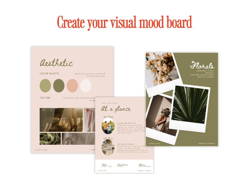 May include: Aesthetic mood board with color palette, text, and images. The color palette includes olive green, peach, and white. The text reads "Create your visual mood board", "Aesthetic", "Florals", and "At a glance".