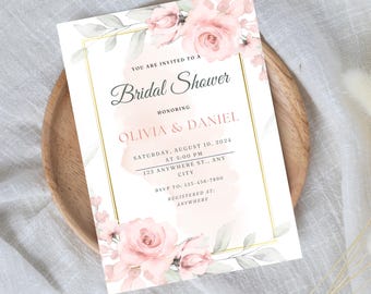 May include: A white bridal shower invitation with a gold frame and watercolor pink roses. The text reads "You are invited to a Bridal Shower honoring Olivia & Daniel. Saturday, August 10, 2024 at 5:00 PM 123 Anywhere St., Any City RSVP to: 123-456-7890 Registered at: Anywhere"