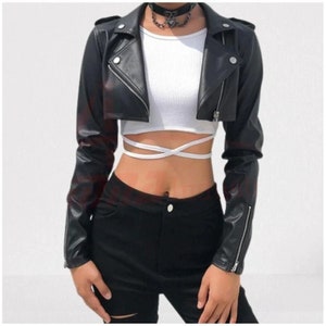 Customized Women's Lambskin  leather Cropped Jacket . Leather Celebrity Cropped Jacket , Genuine Leather Cropped Jacket , measure to made