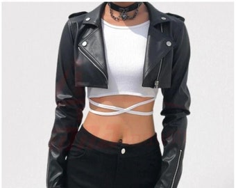 Customized Women's Lambskin  leather Cropped Jacket . Leather Celebrity Cropped Jacket , Genuine Leather Cropped Jacket , measure to made