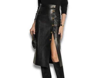 Women's genuine lambskin leather high waisted skirt , Made to measure