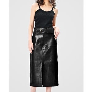 Customized Women&#39;s Genuine Lambskin leather Belt Waist Midi skirt Measure to made