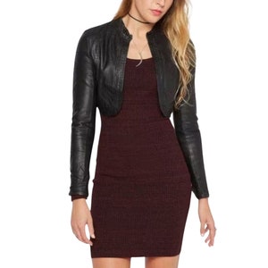 Veste boléro en cuir d'agneau véritable pour femme, veste boléro courte faite main à manches longues, coupe ajustée, sur mesure