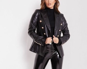 Customized Women's Lambskin classic double-breasted leather blazer. Leather Celebrity jacket , Genuine Leather jacket, measure to made