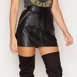 Customized Genuine Lambskin Leather Mini Skirt – High Waist Biker Style with Zipper Pockets & Adjustable Buckle Straps , made to measure.