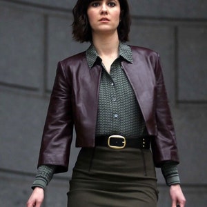 Veste en cuir d'agneau pour femme personnalisée, veste courte bouffante pour célébrités sur mesure