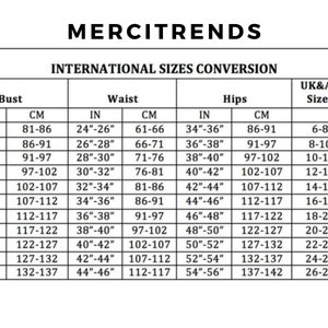May include: A chart showing international size conversions for women's clothing. The chart includes sizes for bust, waist, and hips in inches and centimeters. It also includes UK & AU sizes, Euro sizes, and USA sizes.