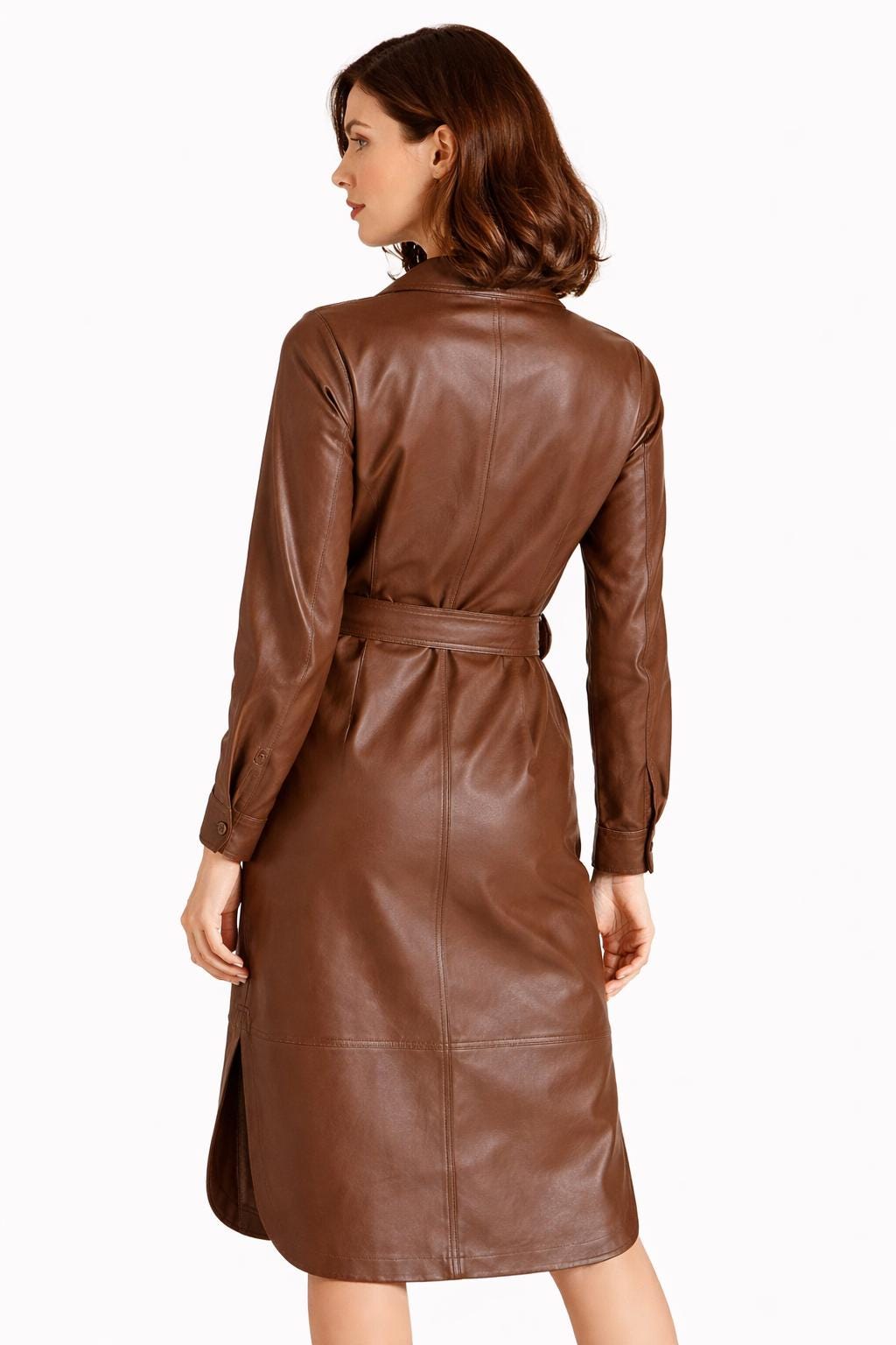 leather trench dress Custom Lambskin Shirt Dress: Belted Midi Outfit female leather clothes