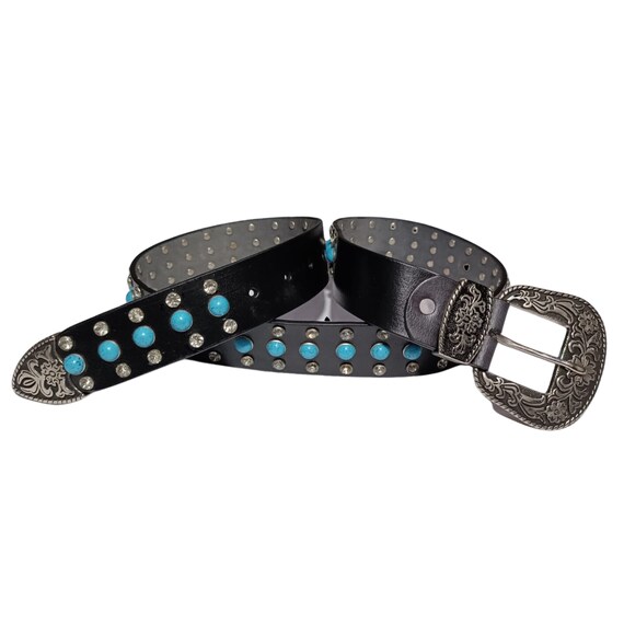 Wide Leather Cowgirl Belt, Turquoise, Rhinestone, Western  display picture 3