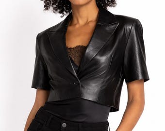 Genuine Lambskin Leather Cropped Blazer – Black Leather Jacket, Short Sleeve Leather Blazer, Custom Made to Measure, Made to Order
