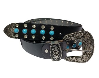 Rhinestone Western Belt: Cowgirl Cowboy Turquoise Studded PU  display picture 1