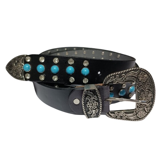 Wide Leather Cowgirl Belt, Turquoise, Rhinestone, Western  display picture 3