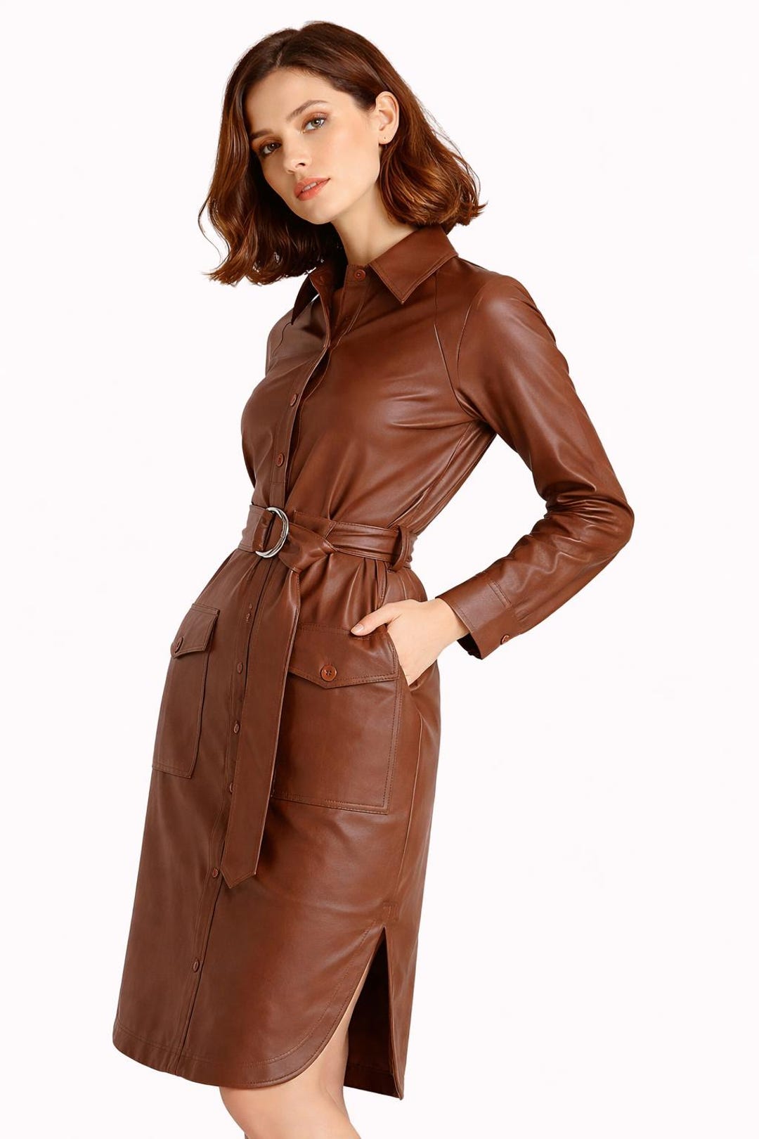 Custom Lambskin Leather Shirt Dress: Belted Midi Outfit