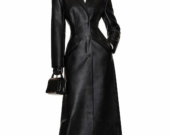 Custom Lambskin Leather Long Coat: Women's Genuine Leather