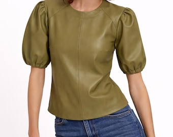 Custom Lambskin Leather Cropped Top: 3/4 Sleeve