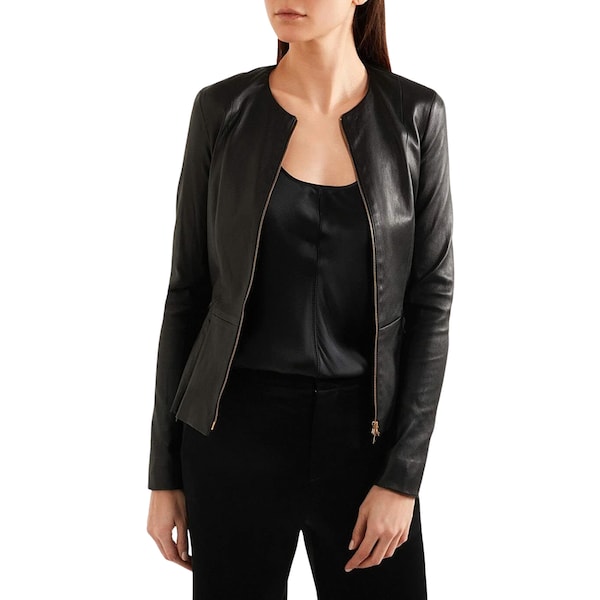 Veste authentique sans col en cuir d’agneau pour femmes personnalisée, veste de célébrité en cuir, veste en cuir véritable coupée, mesure à faire