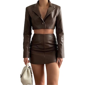 Customized Women&#39;s Lambskin leather crop jacket and skirt set combo, Leather jacket skirt ,Genuine Leather skirt and jacket, Measure to made