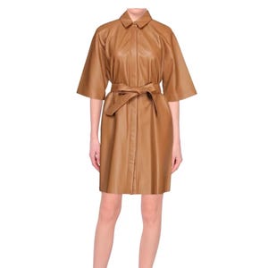 Customized Women&#39;s Lambskin leather shirt dress . Leather Celebrity Dress , Leather Outfit, Genuine Leather dress , measure to made