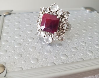 Stunning Red Stone and CZ 925 Sterling Size 7.5 Ring
