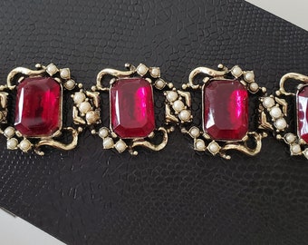 Gorgeous Antique Vintage Ruby Red & Pearl Gold Tone Link Chunky Bracelet