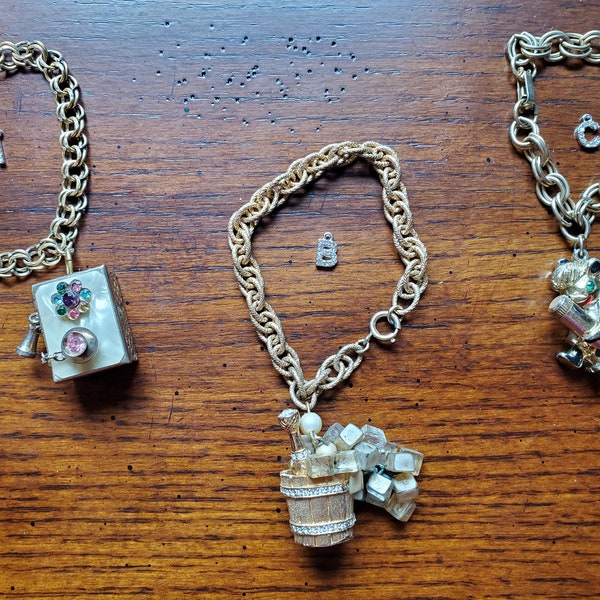 Antique Vintage Novelty Theme Charm Bracelets 7 inches Ole Time Tele, Rhinestone Champagne Bottle Ice Bucket and Good "Stinky" Skunk