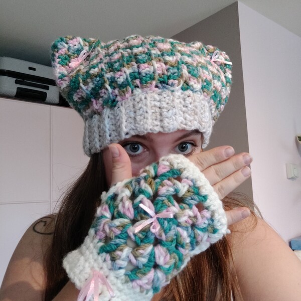 Pink, green and beige cat ear beanie set with fingerless mittens gloves