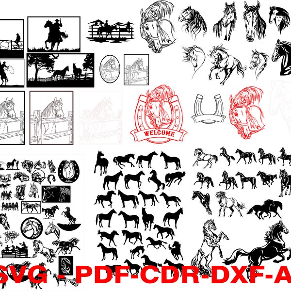 Digital download file of 90 horse figures. cnc plasma cutting, laser cutting and burning. svg_dxf_pdf_ai_cdr