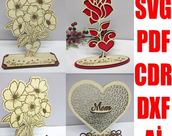 4 types of plaques and flowers for the celebration of mother's day and international women's day digital file download svg-pdf-dxf-cdr-ai