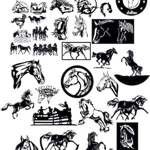 May include: A collection of black and white horse silhouettes in various poses, including running, jumping, and standing. The silhouettes are perfect for crafting projects, scrapbooking, or digital design.