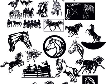 May include: A collection of black and white horse silhouettes in various poses, including running, jumping, and standing. The silhouettes are perfect for crafting projects, scrapbooking, or digital design.