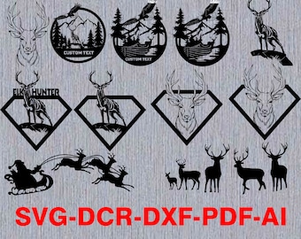 May include: A digital download of 10 SVG cut files featuring various deer and elk designs. The designs include a deer head, a deer with antlers, a deer with antlers in a diamond shape, a deer with antlers in a circle, and a deer with antlers in a diamond shape with the text "Elk Hunter".