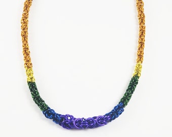 Byzantine graduated rainbow-coloured chainmaille necklace