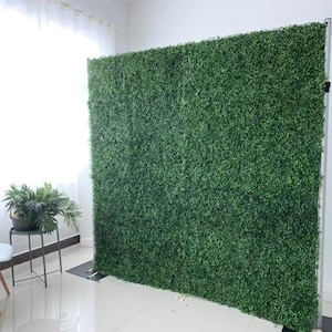 May include: A large, rectangular green hedge wall, possibly artificial, stands upright. The wall is supported by a metal frame. The backdrop is in a bright room with a white wall, a window, and a chair.