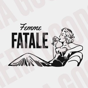 Femme Fatale Retro Vintage Ilustración Mujer bebiendo vino 50s PNG SVG EPS dxf Descarga digital