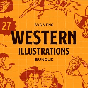 Retro Western Illustrations Vintage File Bundle SVG PNG Instant Digital Download
