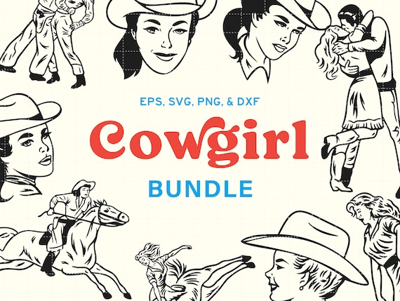 Cowgirl SVG PNG Bundle Illustrations Vintage Western Retro Comic 50s 60s  Pinup Country Digital Download EPS dxf Bundle