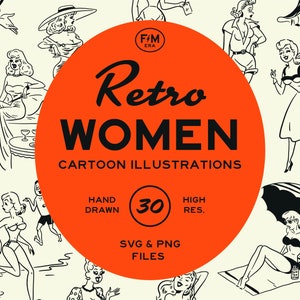 Retro Cartoon Woman SVG PNG llustration Bundle 50s Housewife Vintage Digital Download