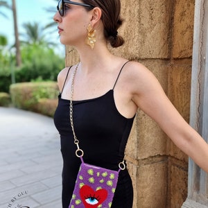 Punch Needle Phone Bag , Punch Needle Embroidered Mini Crossbody Phone Bag, Punch Bags, Handmade Gift Shoulder Bag